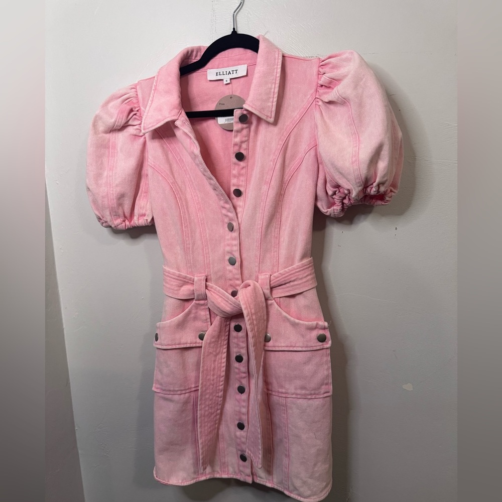 Elliatt Nautical Denim Dress in Pink – Puff Sleeve Belted Mini Dress (Size S)